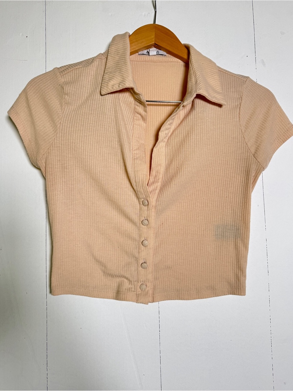 AFRM Peach Ribbed Collared Button-Front Crop Top